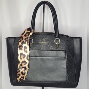👜 Nanette Lepore Black Pebbled Leather Tote Bag w/ Leopard Accent